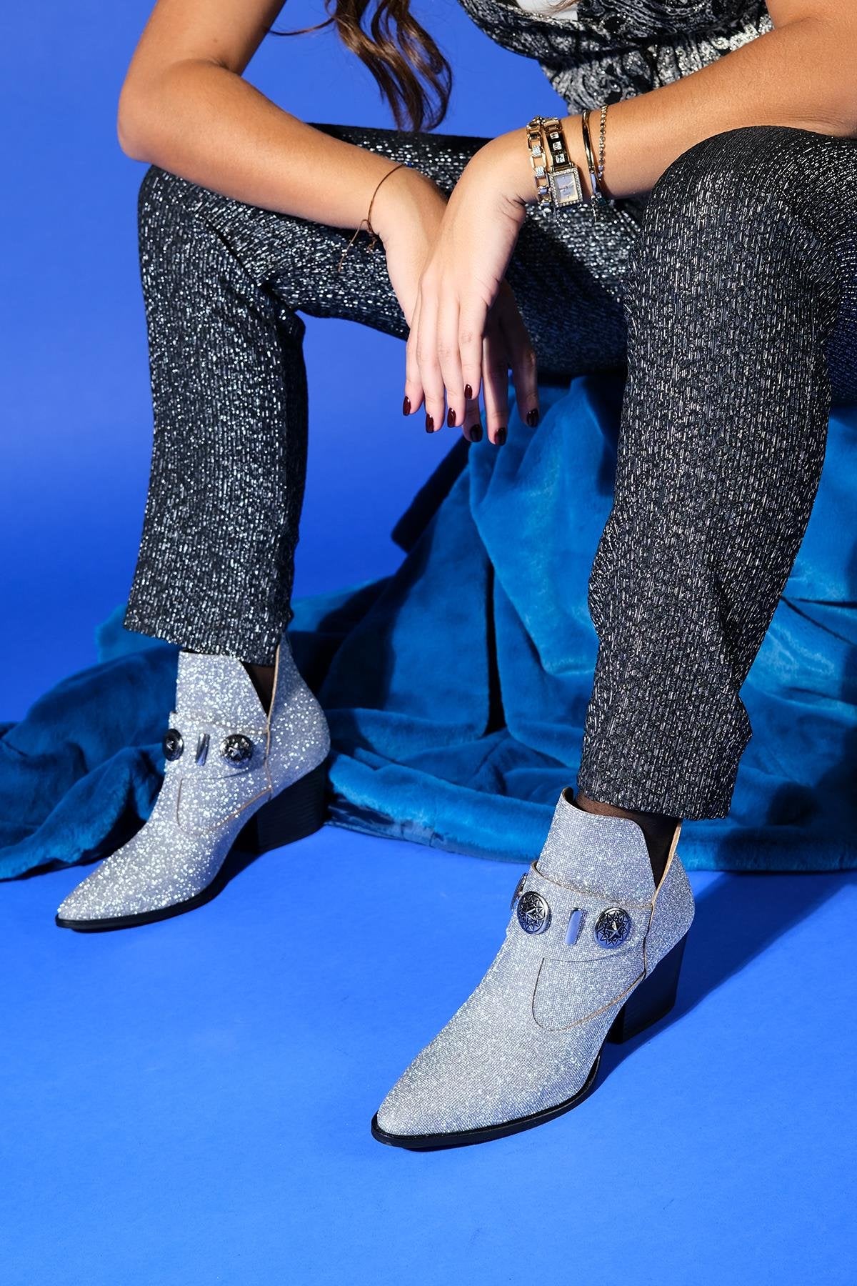 Kenda Silver Glitter Buckle Block Heel Boot (Women) by Prologue Shoes - Bare Fashion