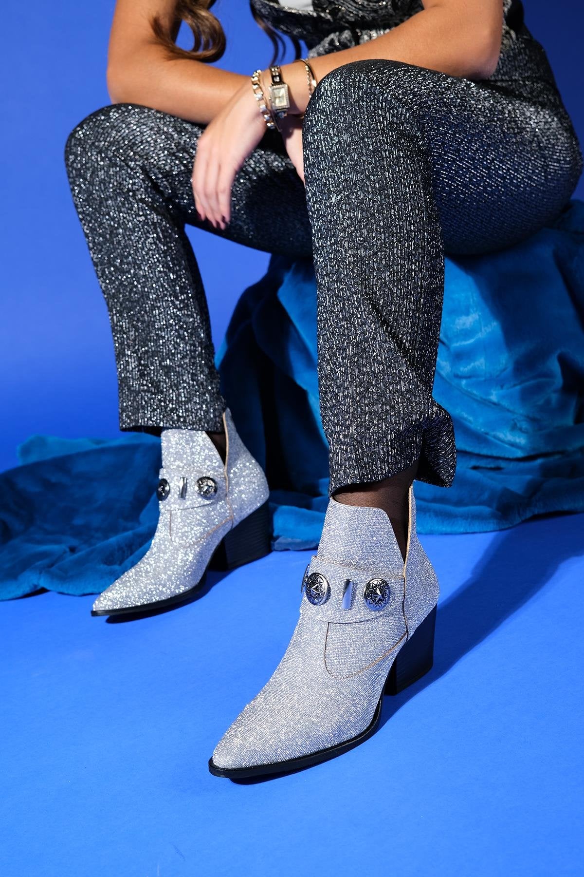 Kenda Silver Glitter Buckle Block Heel Boot (Women) by Prologue Shoes - Bare Fashion