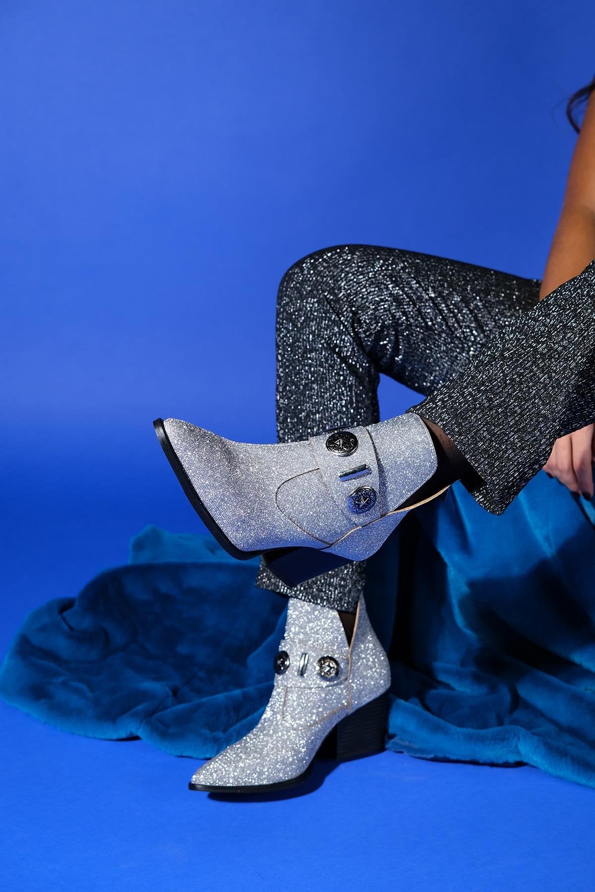 Kenda Silver Glitter Buckle Block Heel Boot (Women) by Prologue Shoes - Bare Fashion
