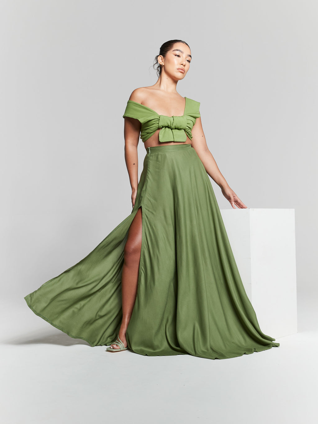 Olive Green Split Flared Maxi Skirt by InFlair - Bare Fashion