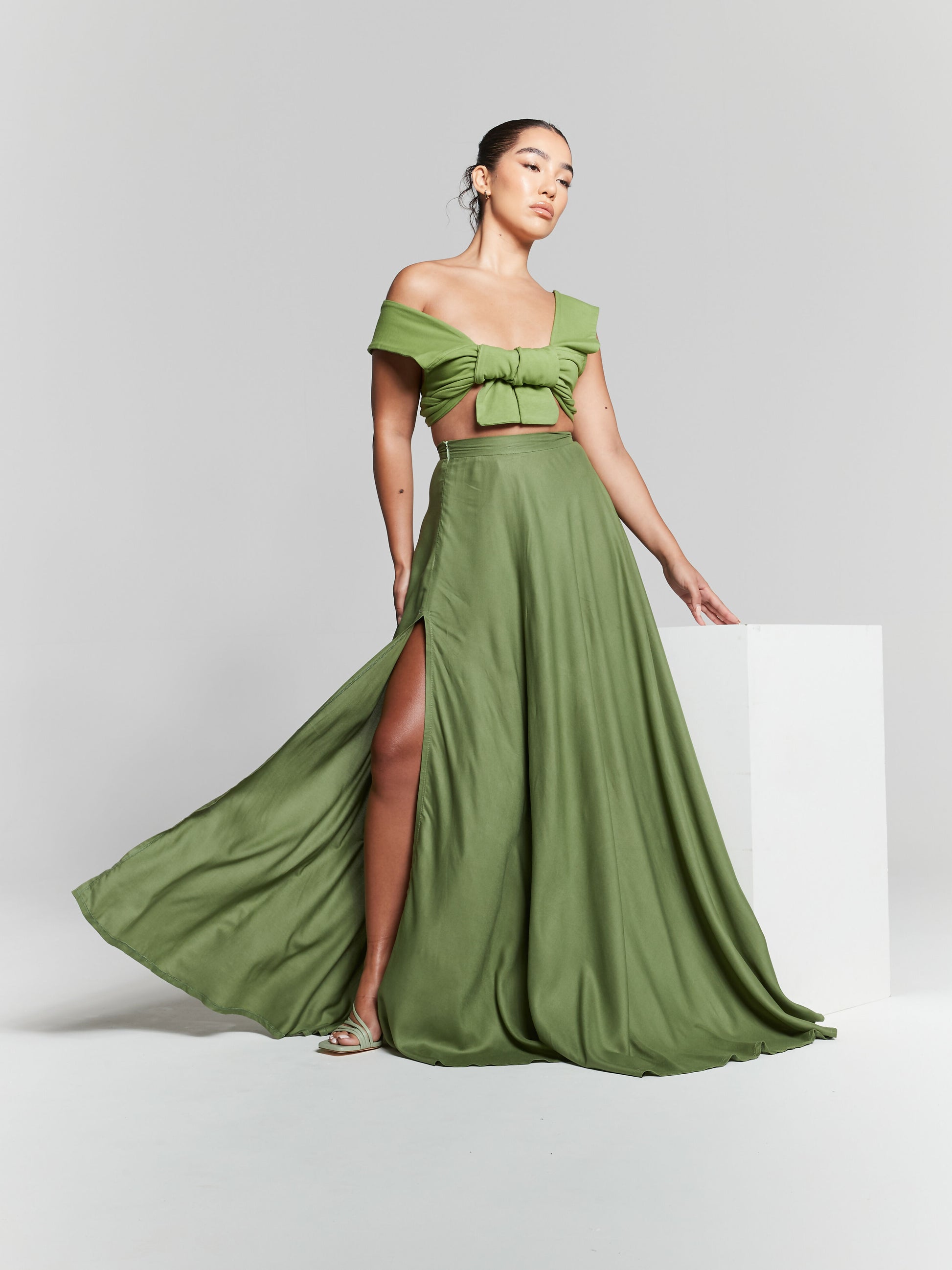 Olive Green Split Flared Maxi Skirt by InFlair - Bare Fashion