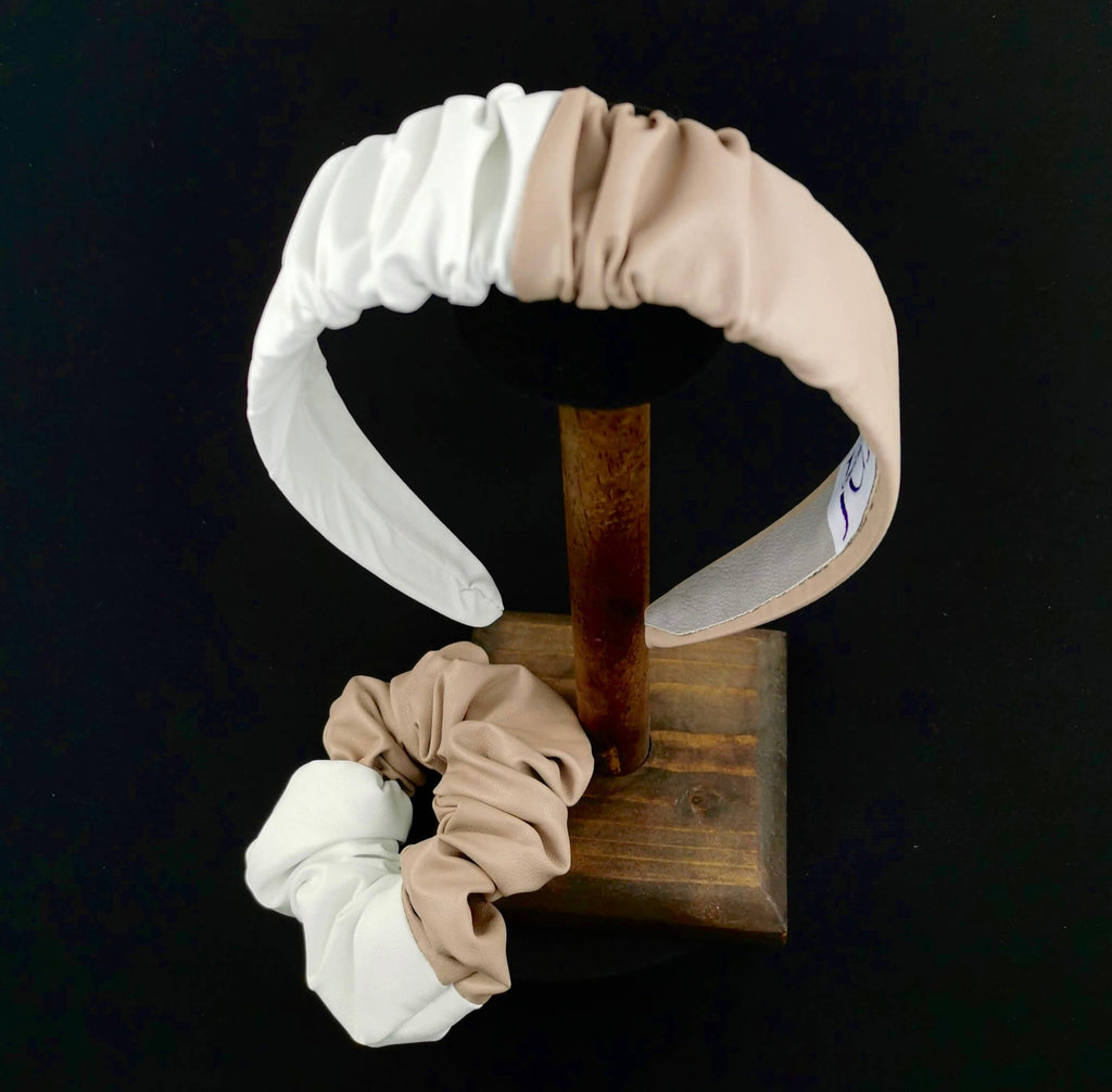 Headband in Beige and White Faux Leather with matching Scrunchie by JCN Fascinators - Bare Fashion