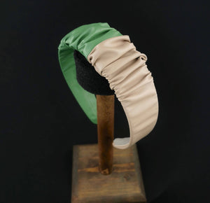 Headband in Beige and Green Faux Leather with Matching Scrunchie by JCN Fascinators - Bare Fashion