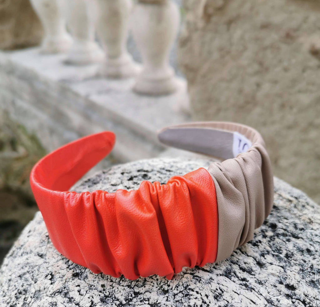 Headband in Beige and Red Faux Leather with Matching Scrunchie by JCN Fascinators - Bare Fashion
