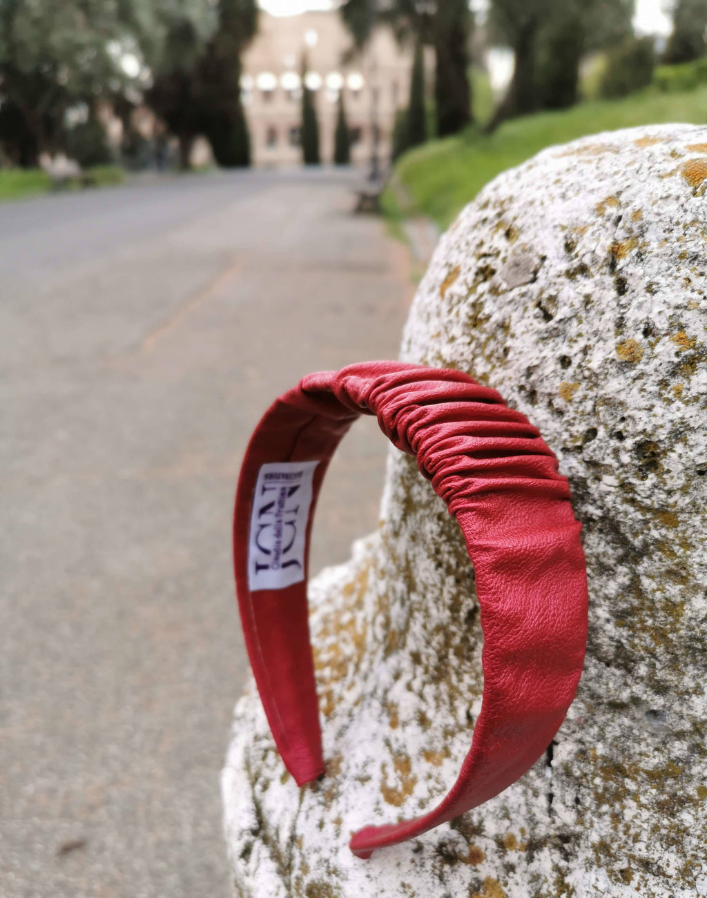 Headband in Metallic Red Faux Leather with Matching Scrunchie by JCN Fascinators - Bare Fashion