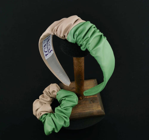 Headband in Beige and Green Faux Leather with Matching Scrunchie by JCN Fascinators - Bare Fashion