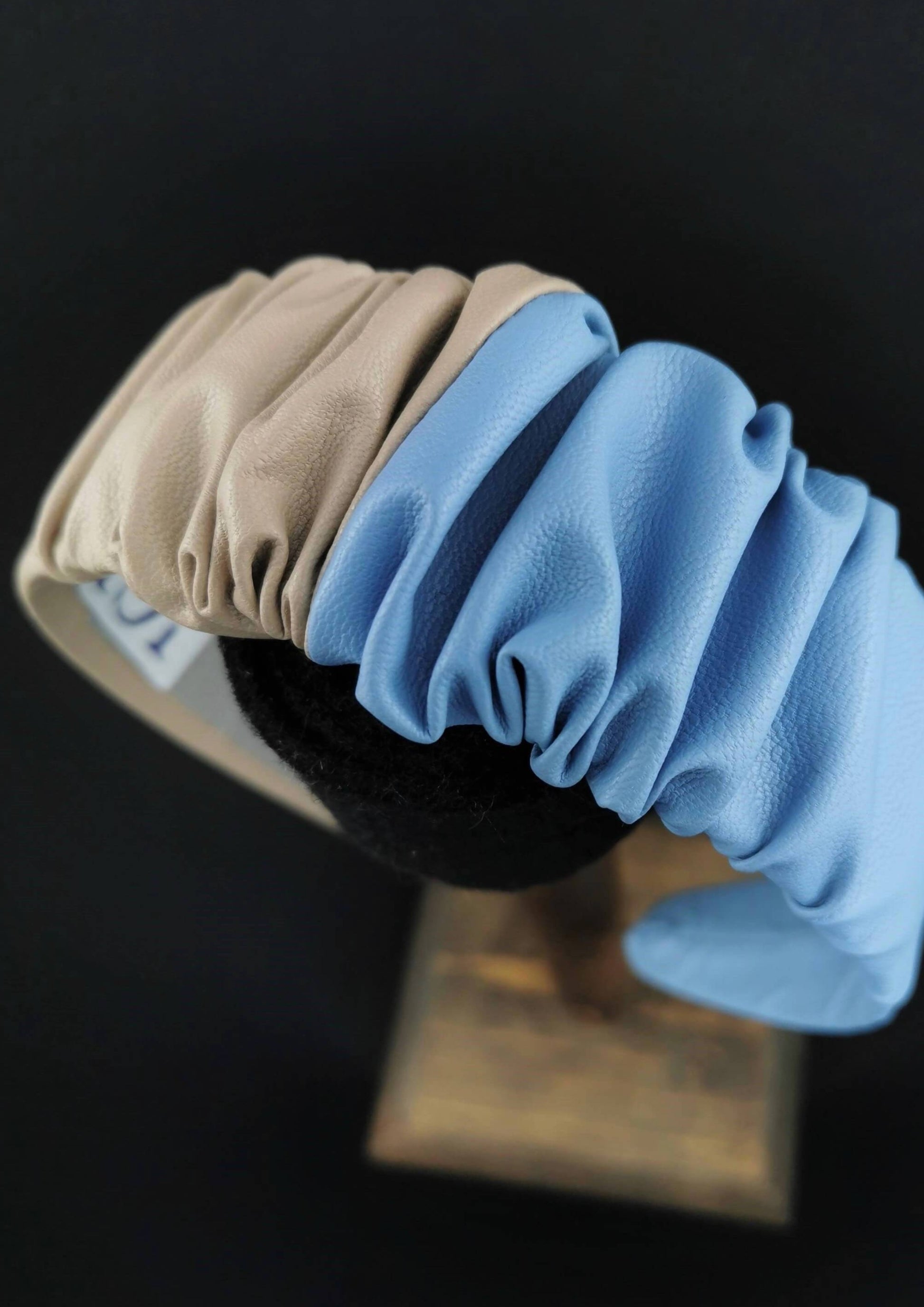 Headband in Beige and Sky Blue Faux Leather with Matching Scrunchie by JCN Fascinators - Bare Fashion