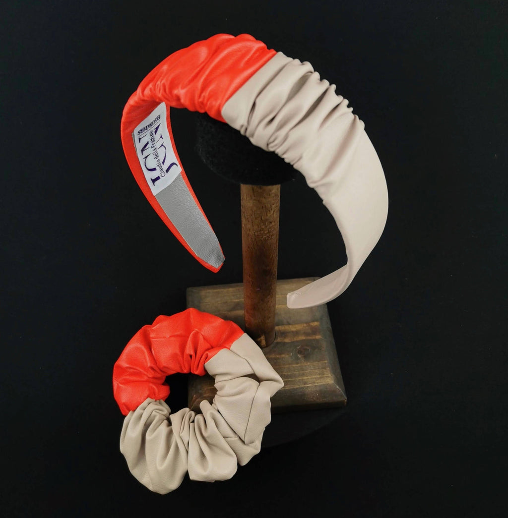 Headband in Beige and Red Faux Leather with Matching Scrunchie by JCN Fascinators - Bare Fashion