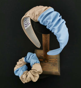 Headband in Beige and Sky Blue Faux Leather with Matching Scrunchie by JCN Fascinators - Bare Fashion