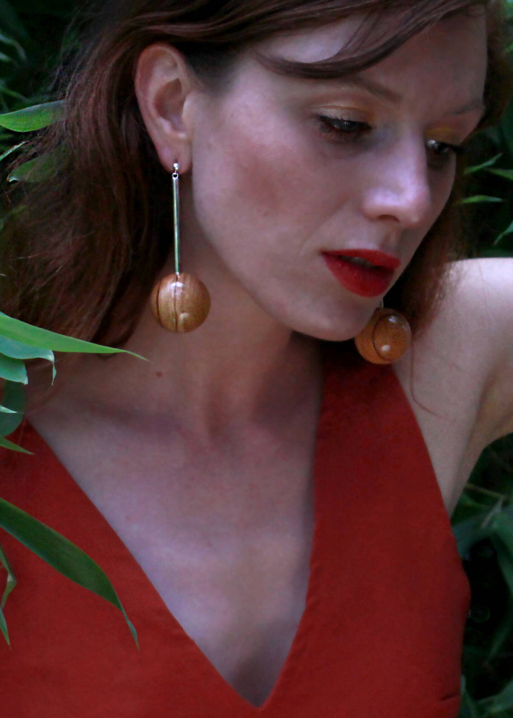 Gaia Bead and Silver Tube Earrings - Red wood by Silverwood® jewellery - Bare Fashion