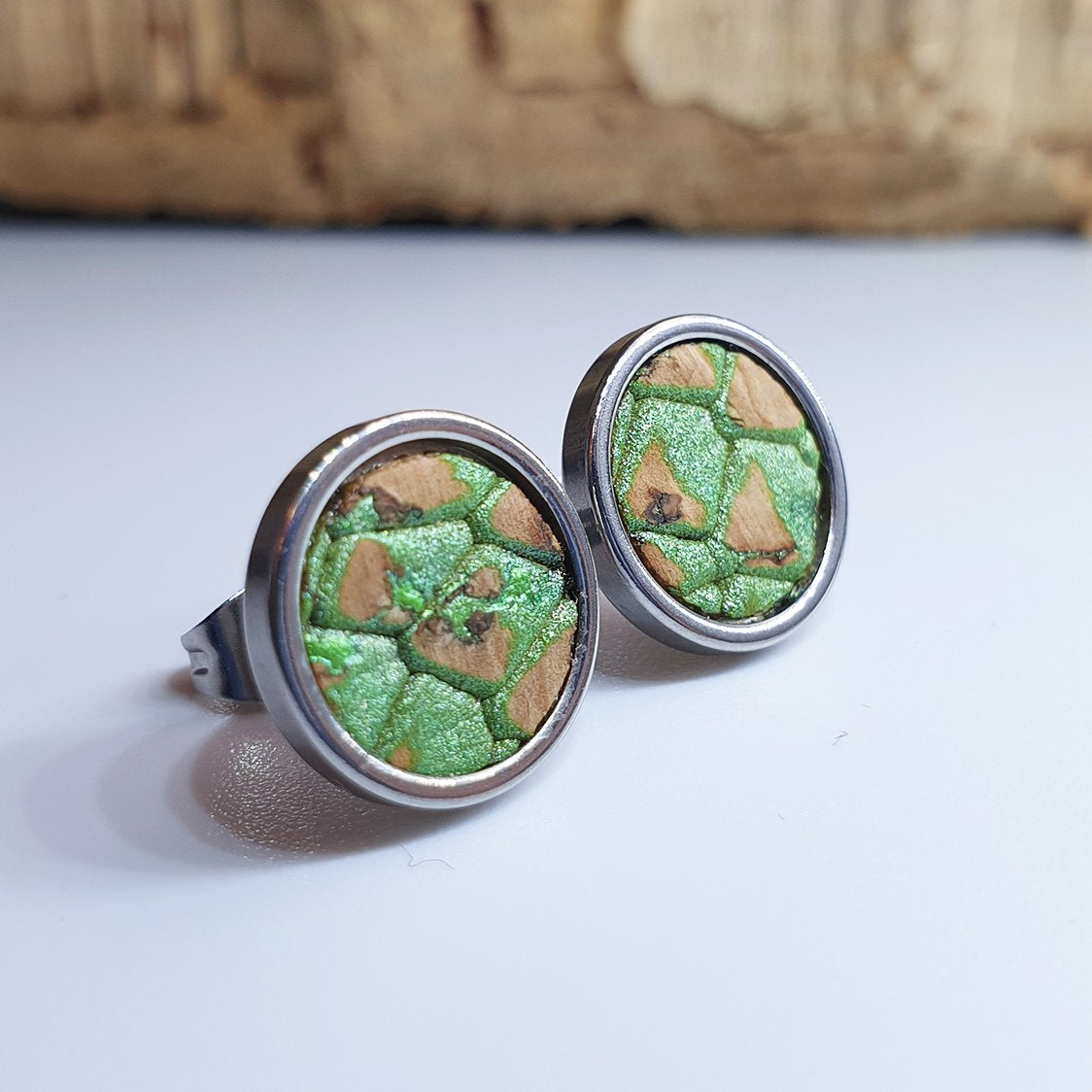 Fabrikk Cork Stud Earrings | Large | Green Python Skin | Vegan Leather by FABRIKK - Bare Fashion