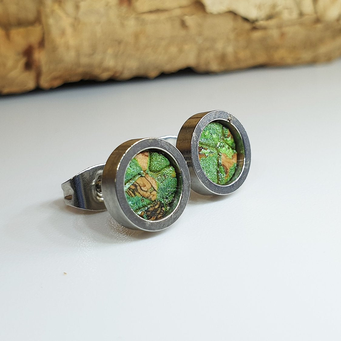 Fabrikk Cork Stud Earrings | Dwarf Size | Green Python Skin | Vegan Leather by FABRIKK - Bare Fashion