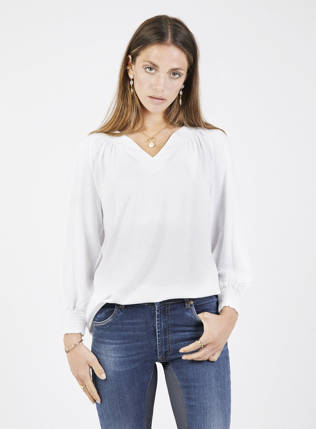 White Blouse With Smocked Cuffs by Graysey - Bare Fashion