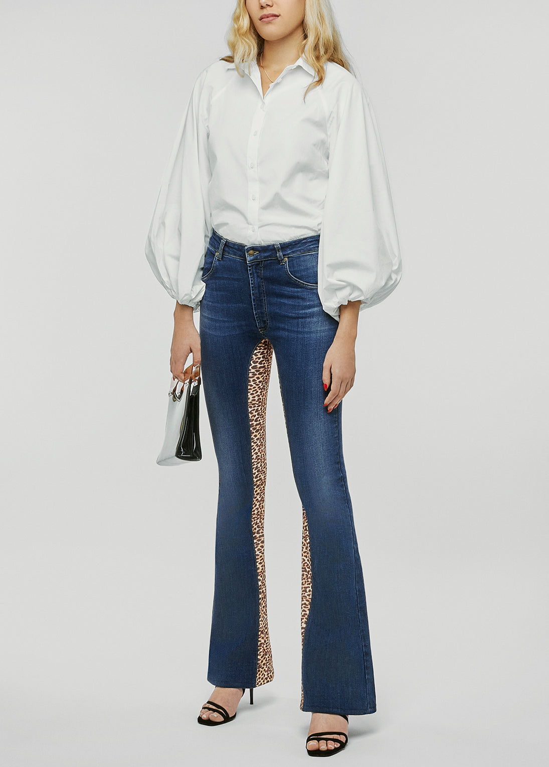 Womens High Rise Kick Flare Jeans With Leopard Print Stretch Panels by Graysey - Bare Fashion