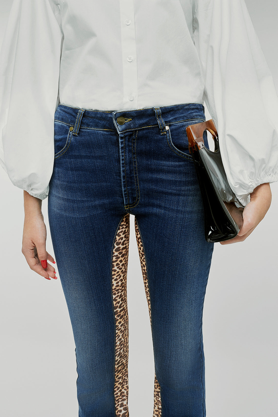 Womens High Rise Kick Flare Jeans With Leopard Print Stretch Panels by Graysey - Bare Fashion