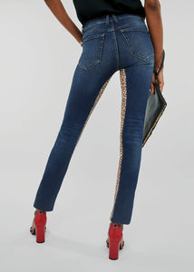 Womens High Rise Skinny Jeans With  Leopard Print Stretch Panels by Graysey - Bare Fashion