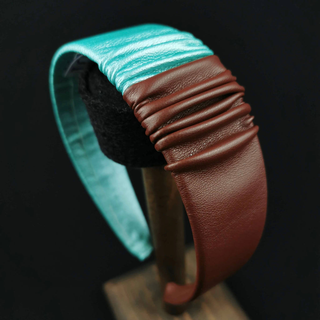 Headband in Brown and Aqua Faux Leather with Matching Scrunchie by JCN Fascinators - Bare Fashion