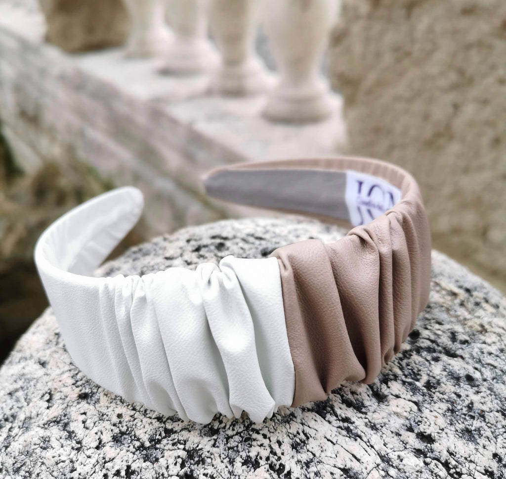 Headband in Beige and White Faux Leather with matching Scrunchie by JCN Fascinators - Bare Fashion
