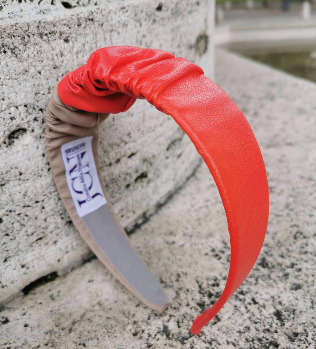Headband in Beige and Red Faux Leather with Matching Scrunchie by JCN Fascinators - Bare Fashion