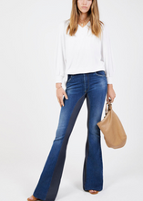 Load image into Gallery viewer, Womens High Rise Kick Flare Jeans With Dark Navy Stretch Panels by Graysey - Bare Fashion
