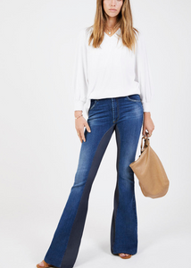 Womens High Rise Kick Flare Jeans With Dark Navy Stretch Panels by Graysey - Bare Fashion