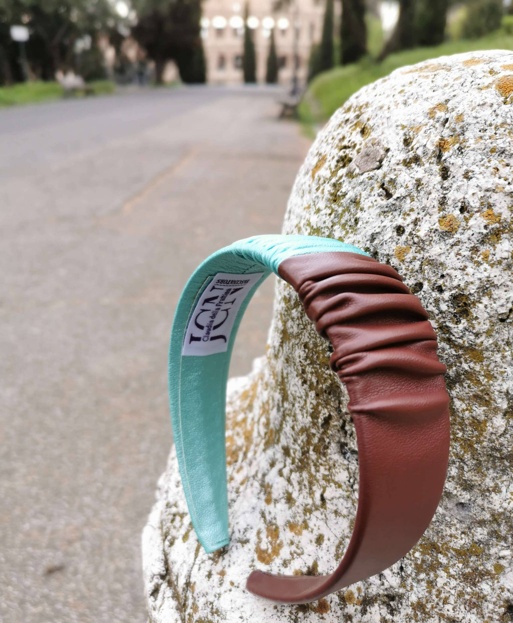 Headband in Brown and Aqua Faux Leather with Matching Scrunchie by JCN Fascinators - Bare Fashion