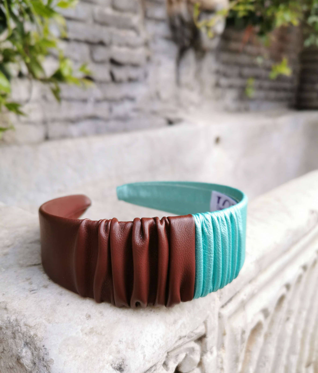 Headband in Brown and Aqua Faux Leather with Matching Scrunchie by JCN Fascinators - Bare Fashion