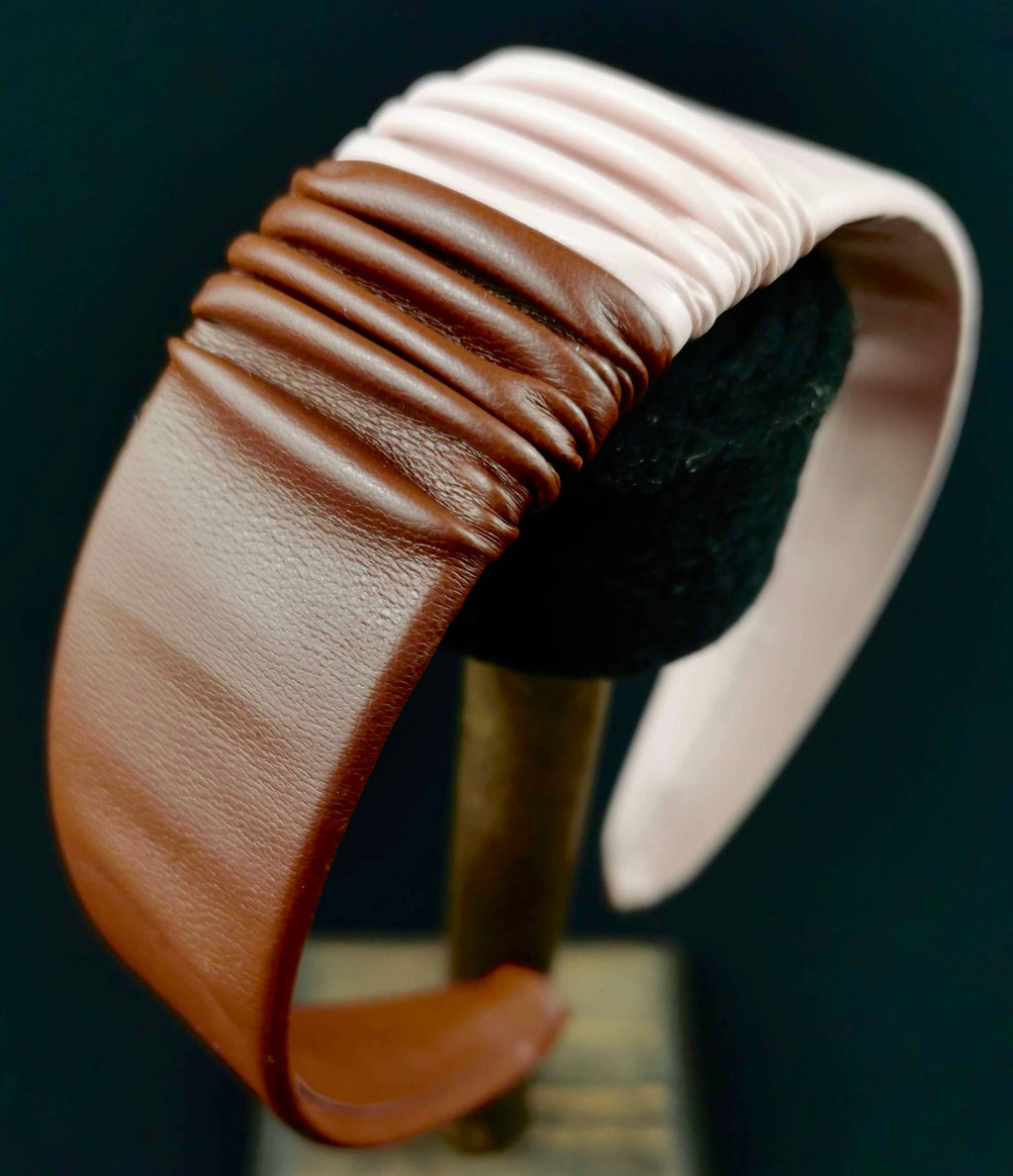 Headband in Brown and Pink Faux Leather with Matching Scrunchie by JCN Fascinators - Bare Fashion