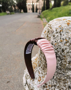 Headband in Brown and Pink Faux Leather with Matching Scrunchie by JCN Fascinators - Bare Fashion