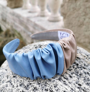 Headband in Beige and Sky Blue Faux Leather with Matching Scrunchie by JCN Fascinators - Bare Fashion