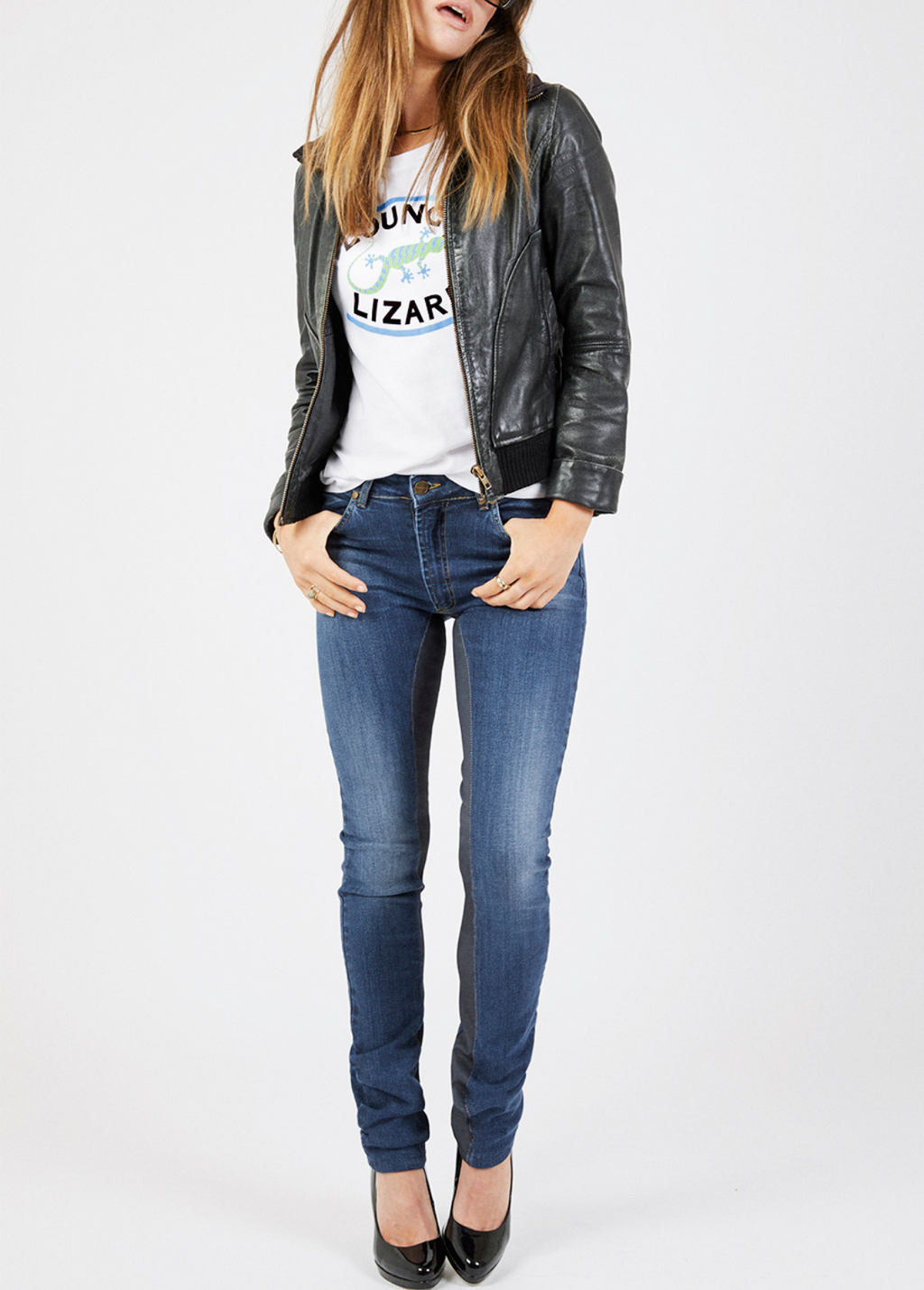 Womens High Rise Skinny Jeans With  Dark Navy Stretch Panels by Graysey - Bare Fashion