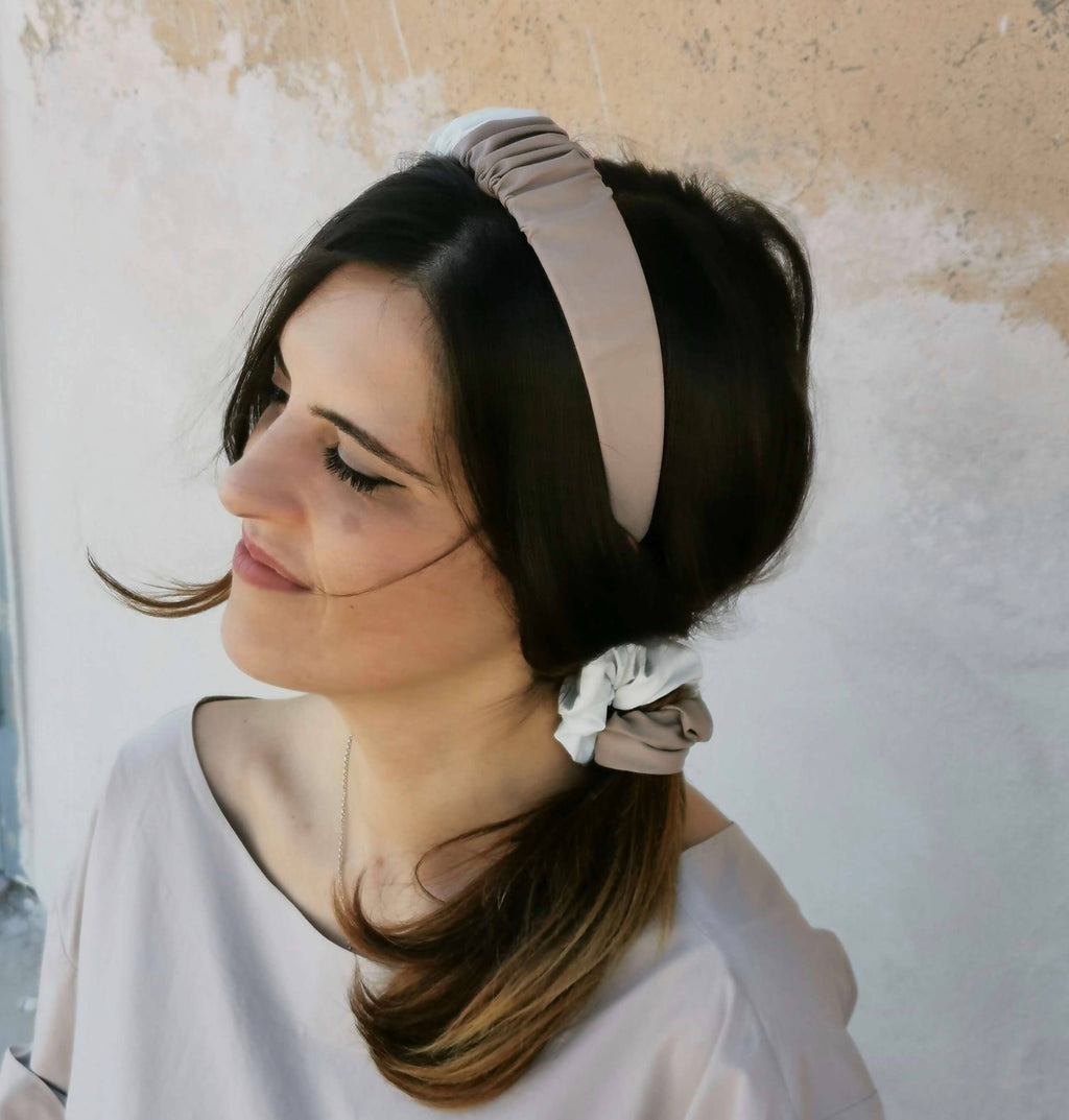Headband in Beige and White Faux Leather with matching Scrunchie by JCN Fascinators - Bare Fashion