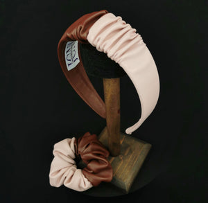 Headband in Brown and Pink Faux Leather with Matching Scrunchie by JCN Fascinators - Bare Fashion