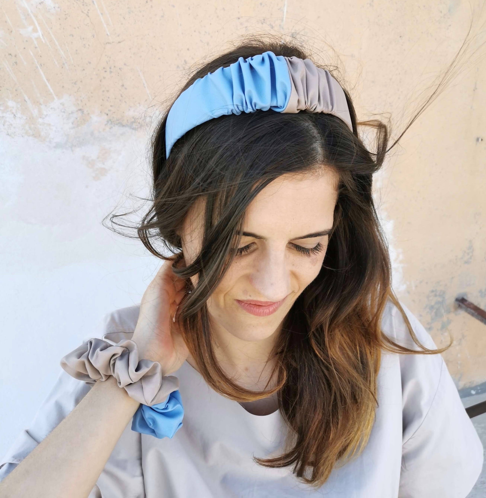 Headband in Beige and Sky Blue Faux Leather with Matching Scrunchie by JCN Fascinators - Bare Fashion