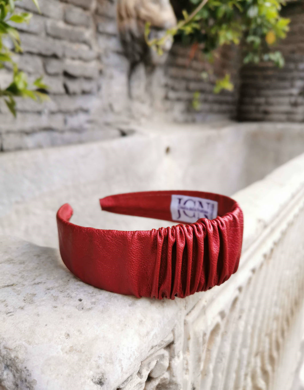 Headband in Metallic Red Faux Leather with Matching Scrunchie by JCN Fascinators - Bare Fashion