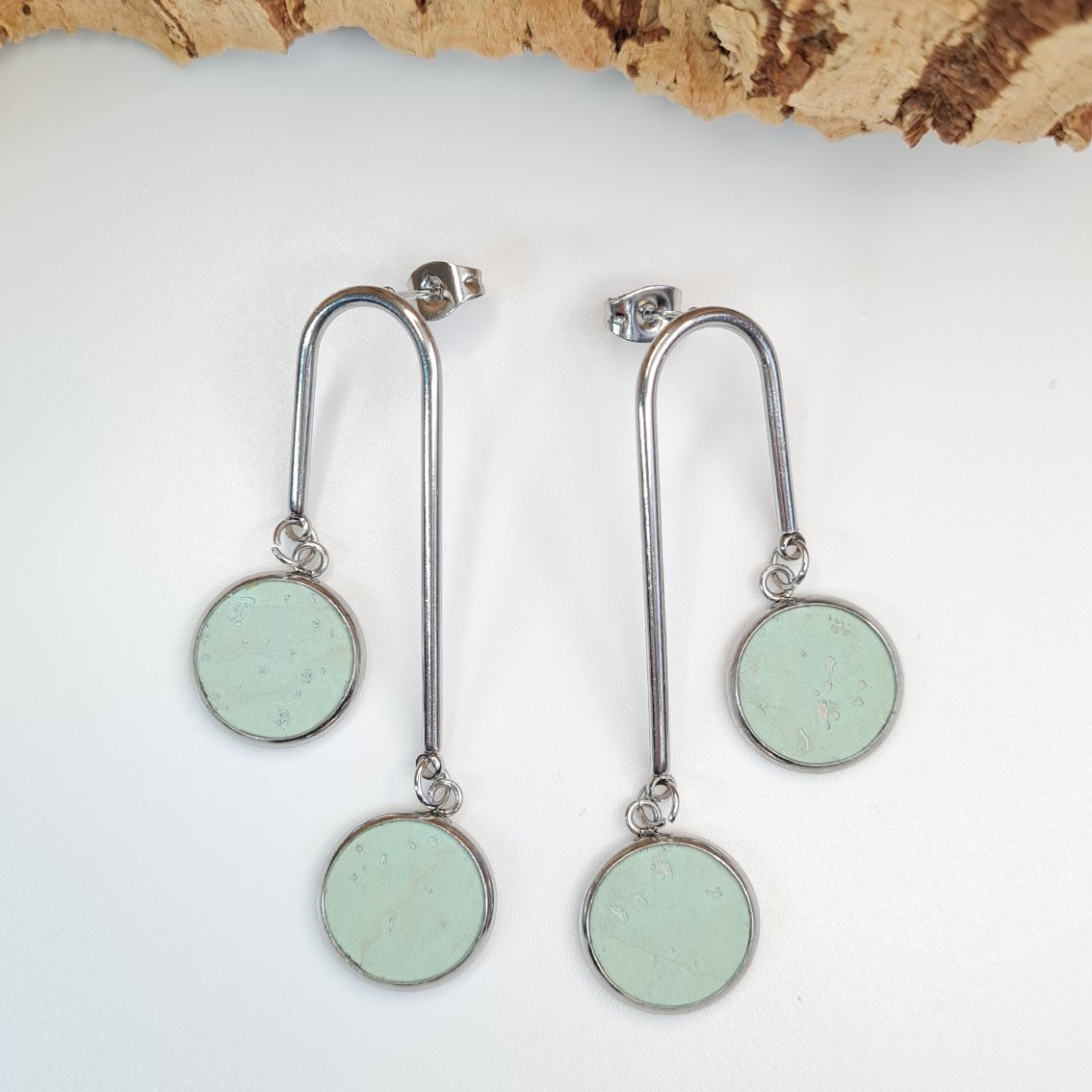 Fabrikk Double Drop Earrings | Mint Green | Eco Cork by FABRIKK - Bare Fashion