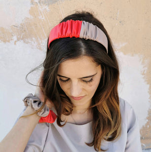 Headband in Beige and Red Faux Leather with Matching Scrunchie by JCN Fascinators - Bare Fashion