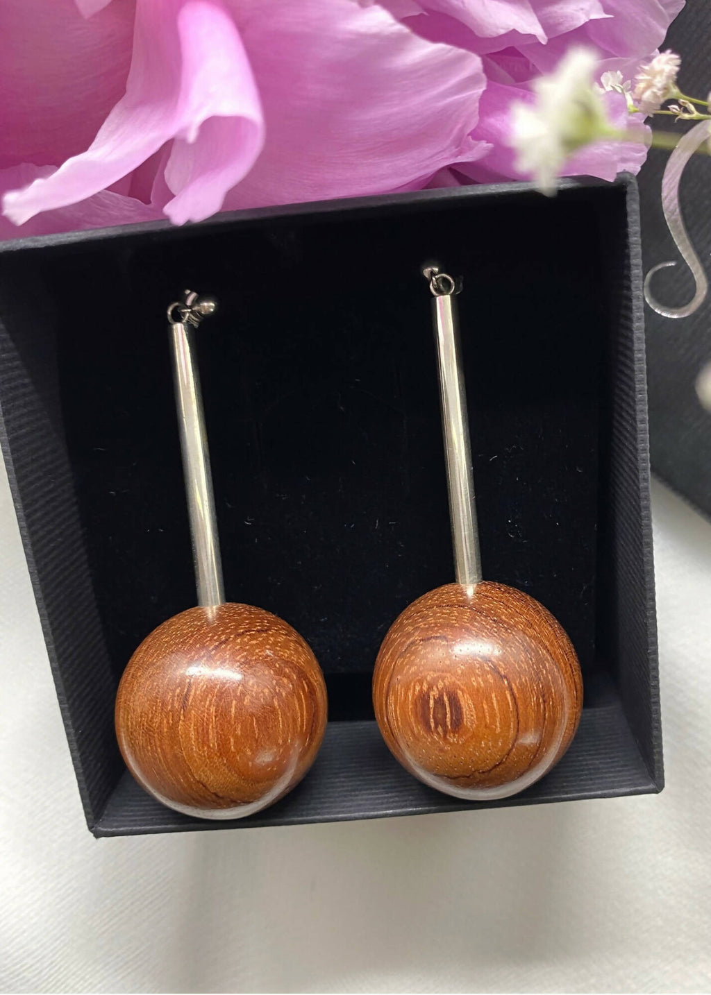 Gaia Bead and Silver Tube Earrings - Red wood by Silverwood® jewellery - Bare Fashion