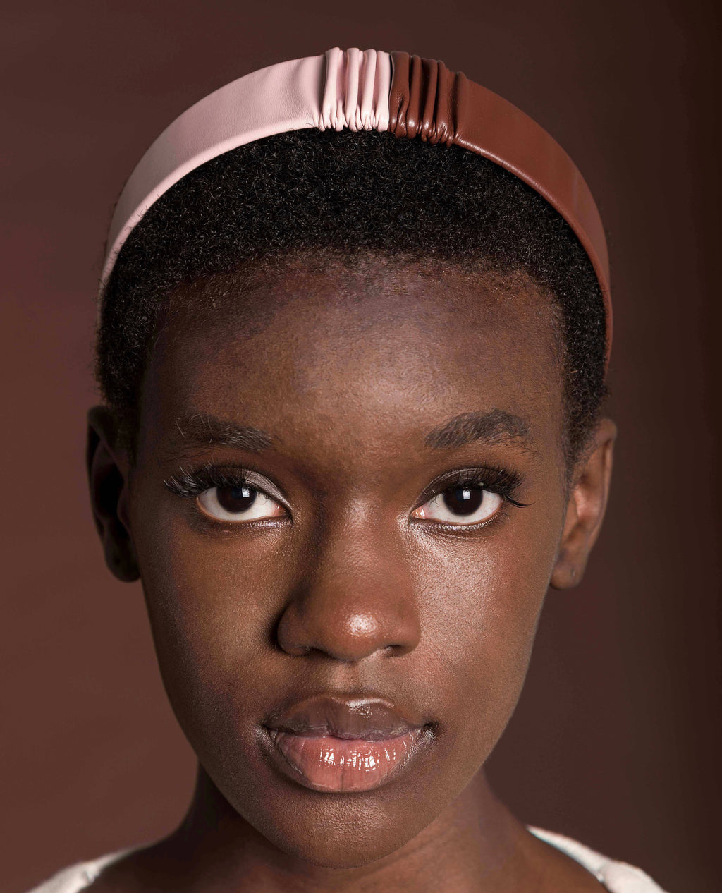 Headband in Brown and Pink Faux Leather with Matching Scrunchie by JCN Fascinators - Bare Fashion