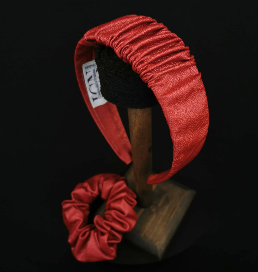 Headband in Metallic Red Faux Leather with Matching Scrunchie by JCN Fascinators - Bare Fashion