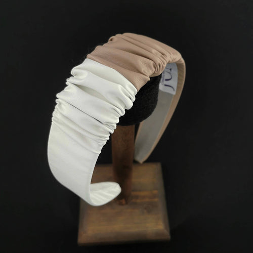 Headband in Beige and White Faux Leather with matching Scrunchie by JCN Fascinators - Bare Fashion