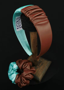 Headband in Brown and Aqua Faux Leather with Matching Scrunchie by JCN Fascinators - Bare Fashion