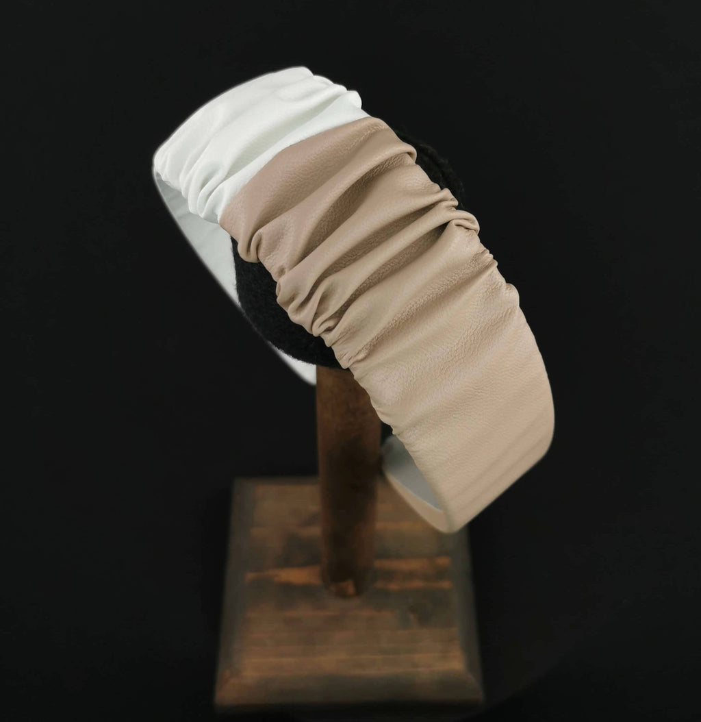 Headband in Beige and White Faux Leather with matching Scrunchie by JCN Fascinators - Bare Fashion
