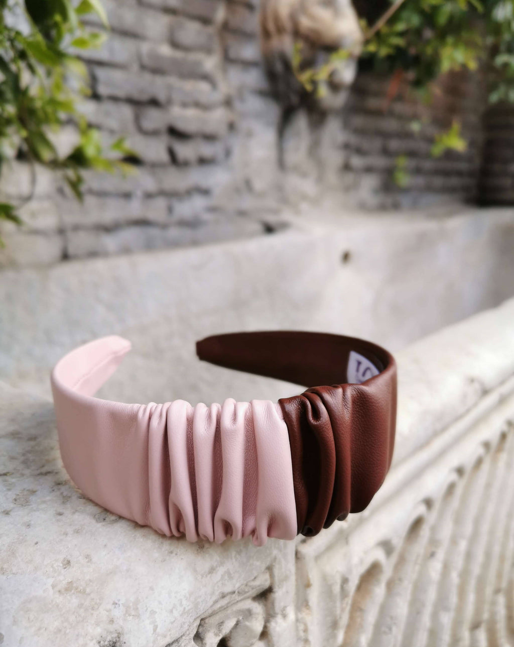 Headband in Brown and Pink Faux Leather with Matching Scrunchie by JCN Fascinators - Bare Fashion